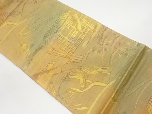 柳に松・家屋・流水模様織出し袋帯